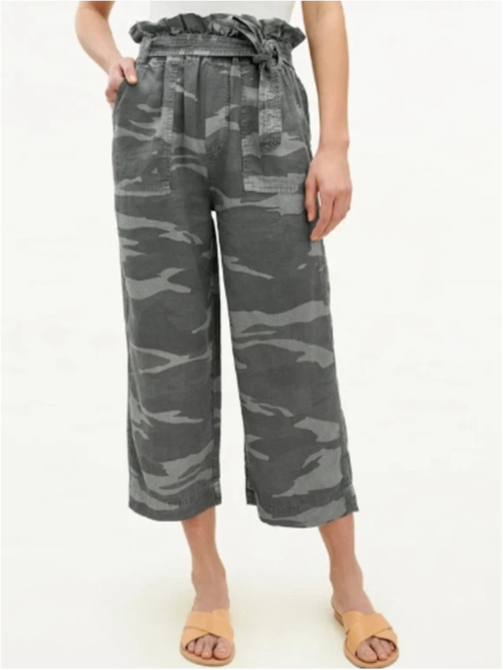 Splendid Linen-Blend wide leg Paperbag Pant Vintage Olive Camo cropped sz M
